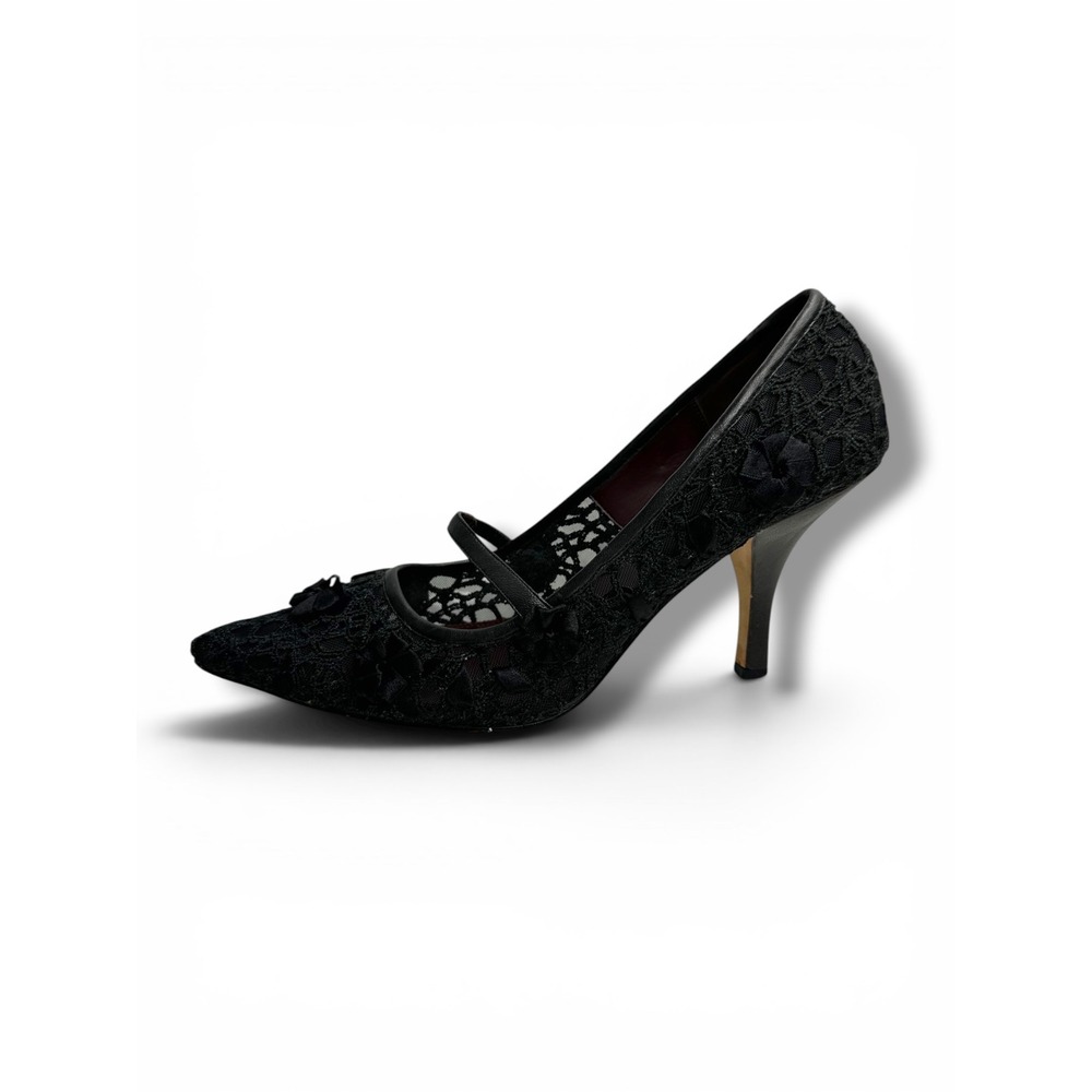 Tahari Caliope Black Lace Floral Mary Jane Pointed Toe Kitten Heels 10M